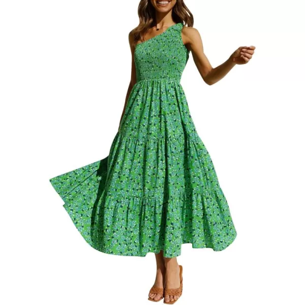 imageZESICA Womens 2024 Bohemian Summer Floral Print One Shoulder Sleeveless Smocked Ruffle Tiered Beach Long Midi DressGrassgreen