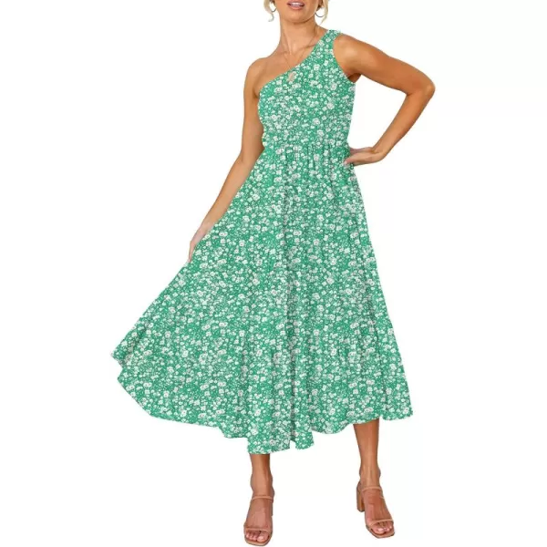 imageZESICA Womens 2024 Bohemian Summer Floral Print One Shoulder Sleeveless Smocked Ruffle Tiered Beach Long Midi DressLightgreen