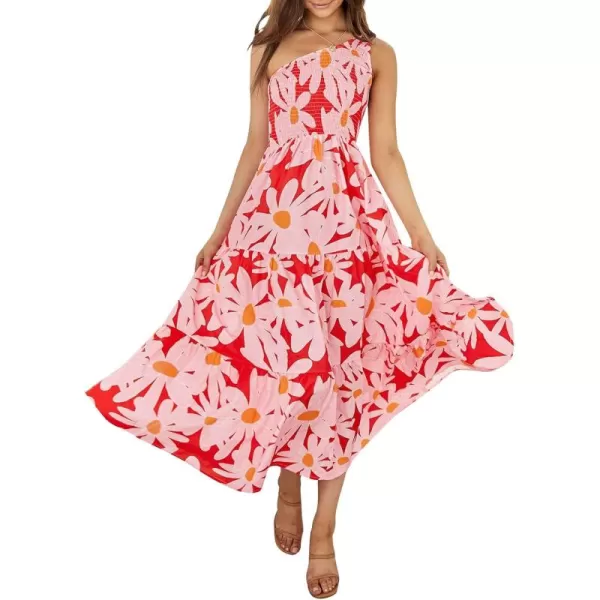 imageZESICA Womens 2024 Bohemian Summer Floral Print One Shoulder Sleeveless Smocked Ruffle Tiered Beach Long Midi DressRed