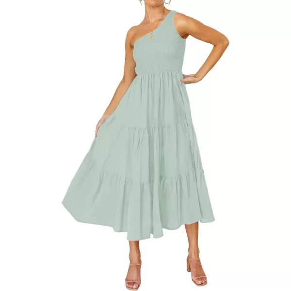 imageZESICA Womens 2024 Bohemian Summer Floral Print One Shoulder Sleeveless Smocked Ruffle Tiered Beach Long Midi DressSage