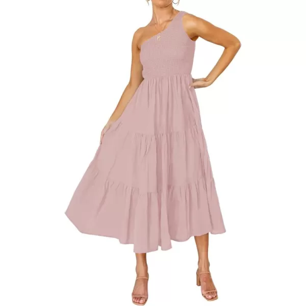 imageZESICA Womens 2024 Bohemian Summer Floral Print One Shoulder Sleeveless Smocked Ruffle Tiered Beach Long Midi DressSolidpink