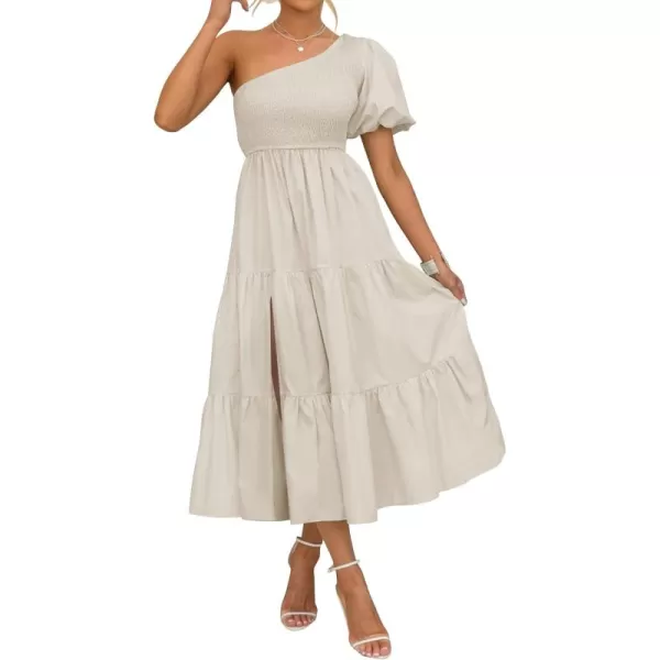 imageZESICA Womens 2024 Boho Summer One Shoulder Short Sleeve Smocked Side Split Ruffle Swing Midi DressApricot