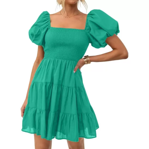 imageZESICA Womens 2024 Boho Summer Square Neck Puff Sleeve Off Shoulder Smocked Tiered Casual A Line Short Mini DressGreen