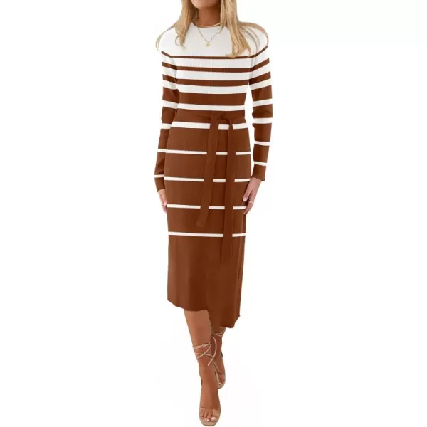 imageZESICA Womens 2024 Fall Ribbed Knit Sweater Dress Elegant Long Sleeve Crewneck Tie Waist Slim Fit Bodycon Midi DressesCaramel