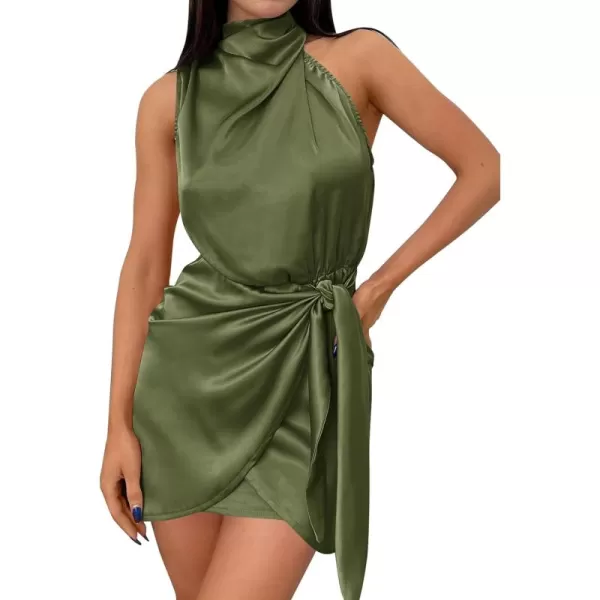 imageZESICA Womens 2024 Fashion Satin Sleeveless Halter Neck Tie Waist Wrap Bodycon Cocktail Party Mini DressArmygreen