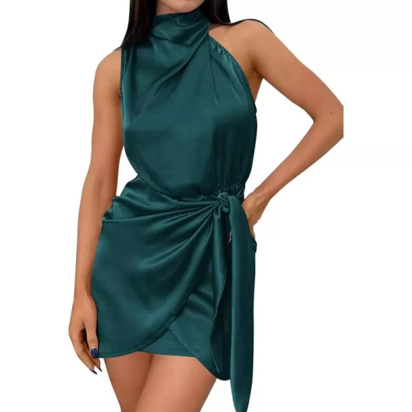 imageZESICA Womens 2024 Fashion Satin Sleeveless Halter Neck Tie Waist Wrap Bodycon Cocktail Party Mini DressEmeraldgreen