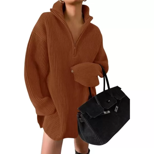 imageZESICA Womens 2024 Long Sleeve Mini Sweater Dress Fall Quarter Zip Ribbed Knit Oversized Pullover Jumper SweatersRust