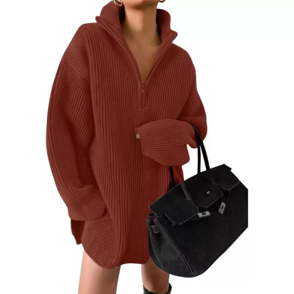 imageZESICA Womens 2024 Long Sleeve Mini Sweater Dress Fall Quarter Zip Ribbed Knit Oversized Pullover Jumper SweatersWine