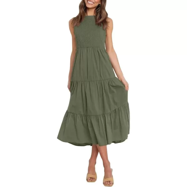 imageZESICA Womens 2024 Summer Casual Sleeveless Crew Neck Smocked High Waist Flowy Tiered A Line Midi DressArmygreen