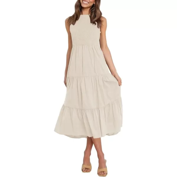imageZESICA Womens 2024 Summer Casual Sleeveless Crew Neck Smocked High Waist Flowy Tiered A Line Midi DressBeige
