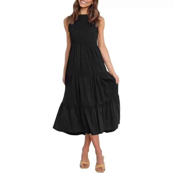 imageZESICA Womens 2024 Summer Casual Sleeveless Crew Neck Smocked High Waist Flowy Tiered A Line Midi DressBlack