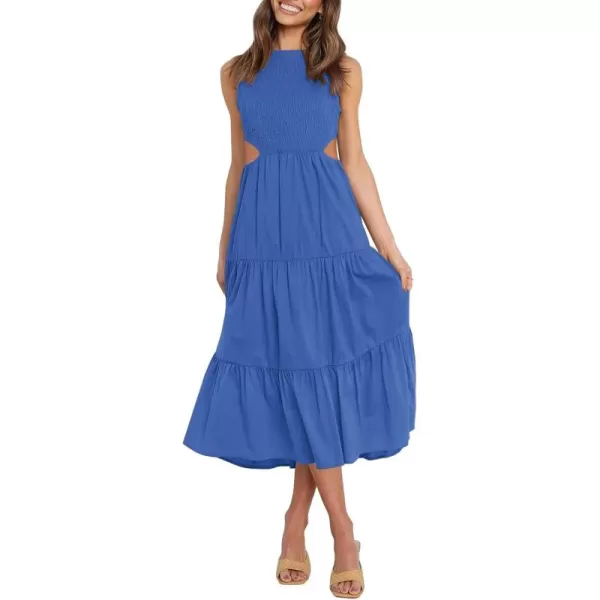 imageZESICA Womens 2024 Summer Casual Sleeveless Crew Neck Smocked High Waist Flowy Tiered A Line Midi DressCutoutroyalblue