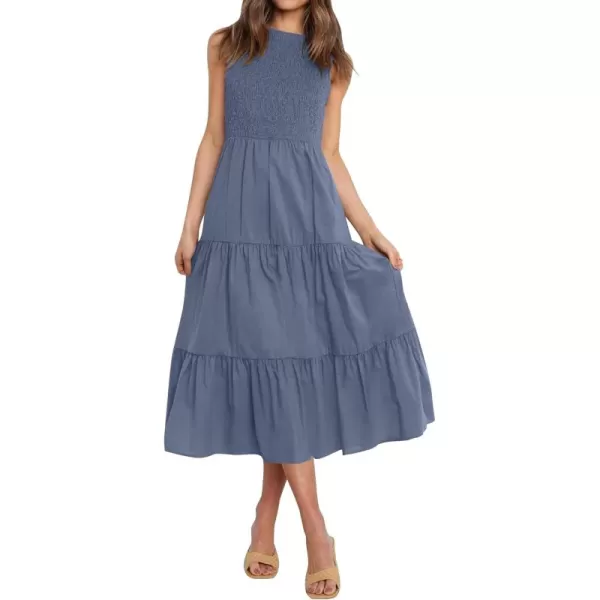 imageZESICA Womens 2024 Summer Casual Sleeveless Crew Neck Smocked High Waist Flowy Tiered A Line Midi DressDustyblue