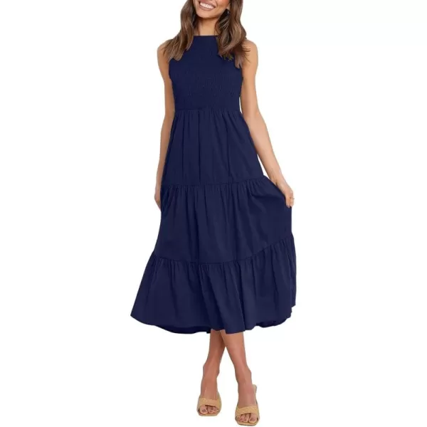 imageZESICA Womens 2024 Summer Casual Sleeveless Crew Neck Smocked High Waist Flowy Tiered A Line Midi DressNavy