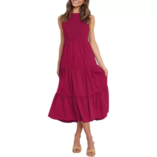 imageZESICA Womens 2024 Summer Casual Sleeveless Crew Neck Smocked High Waist Flowy Tiered A Line Midi DressPlum