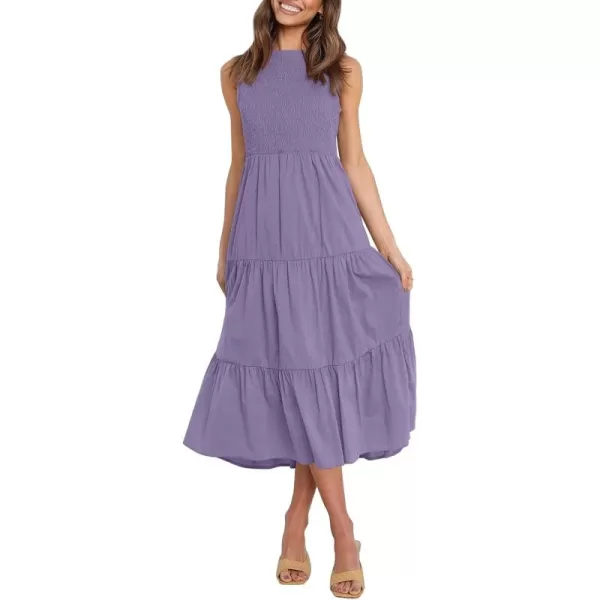 imageZESICA Womens 2024 Summer Casual Sleeveless Crew Neck Smocked High Waist Flowy Tiered A Line Midi DressPurple