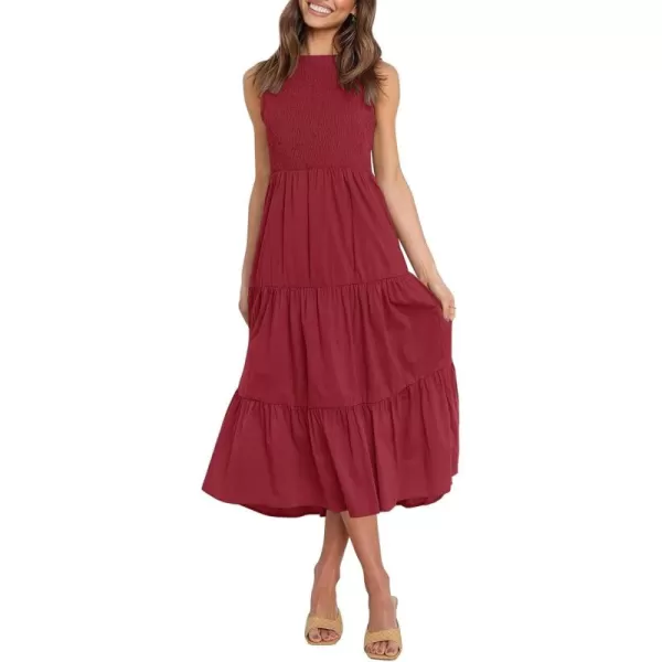 imageZESICA Womens 2024 Summer Casual Sleeveless Crew Neck Smocked High Waist Flowy Tiered A Line Midi DressRed