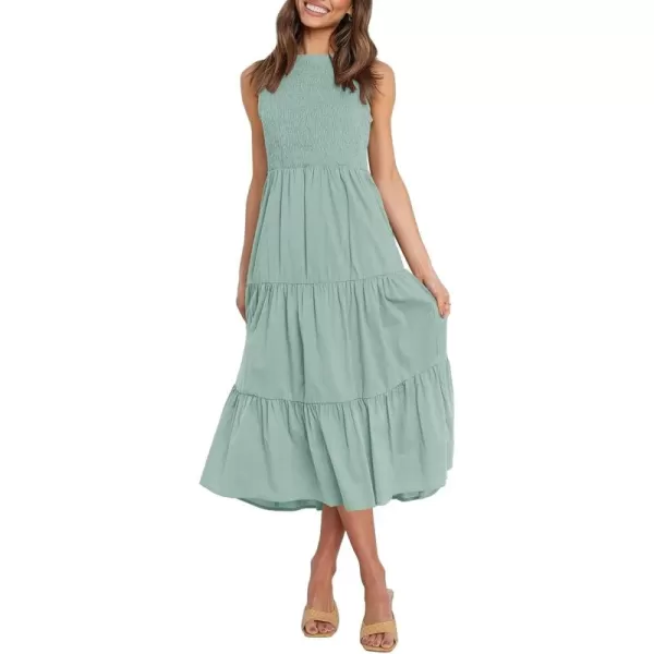 imageZESICA Womens 2024 Summer Casual Sleeveless Crew Neck Smocked High Waist Flowy Tiered A Line Midi DressSage