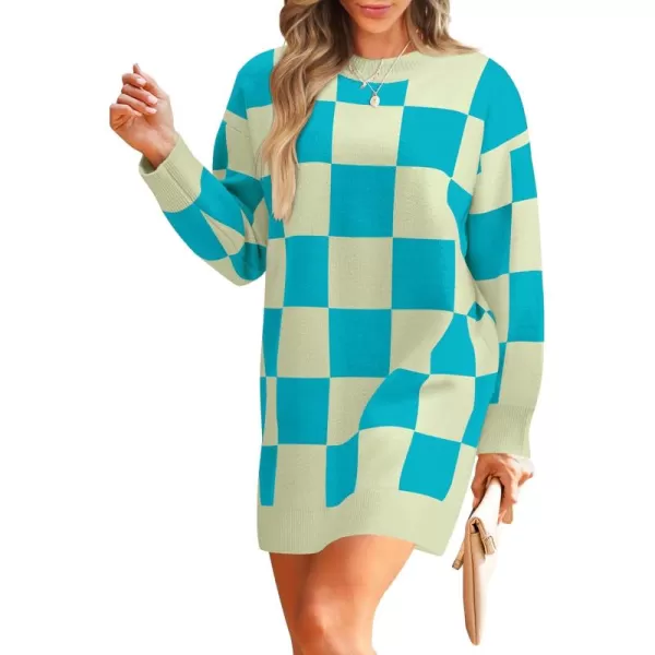 imageZESICA Womens Casual Long Sleeve Tunic Sweater Dress Crew Neck Plaid Knit Oversized Pullover Jumper TopsAqua