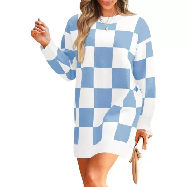 imageZESICA Womens Casual Long Sleeve Tunic Sweater Dress Crew Neck Plaid Knit Oversized Pullover Jumper TopsBlue