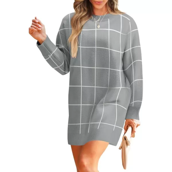 imageZESICA Womens Casual Long Sleeve Tunic Sweater Dress Crew Neck Plaid Knit Oversized Pullover Jumper TopsGrey