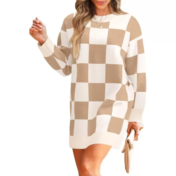 imageZESICA Womens Casual Long Sleeve Tunic Sweater Dress Crew Neck Plaid Knit Oversized Pullover Jumper TopsKhaki