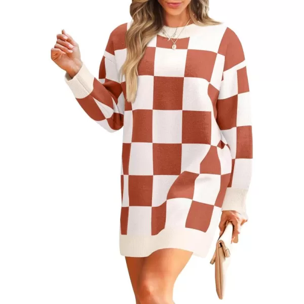 imageZESICA Womens Casual Long Sleeve Tunic Sweater Dress Crew Neck Plaid Knit Oversized Pullover Jumper TopsOrange