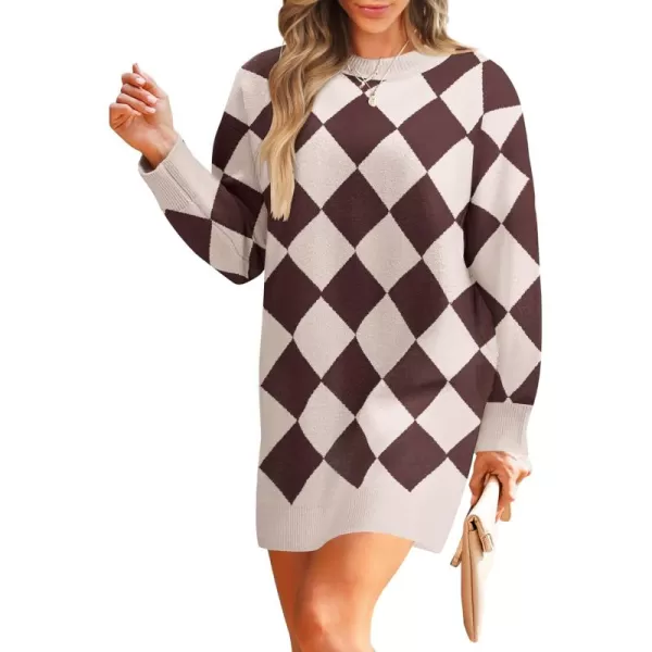 imageZESICA Womens Casual Long Sleeve Tunic Sweater Dress Crew Neck Plaid Knit Oversized Pullover Jumper TopsTaupe