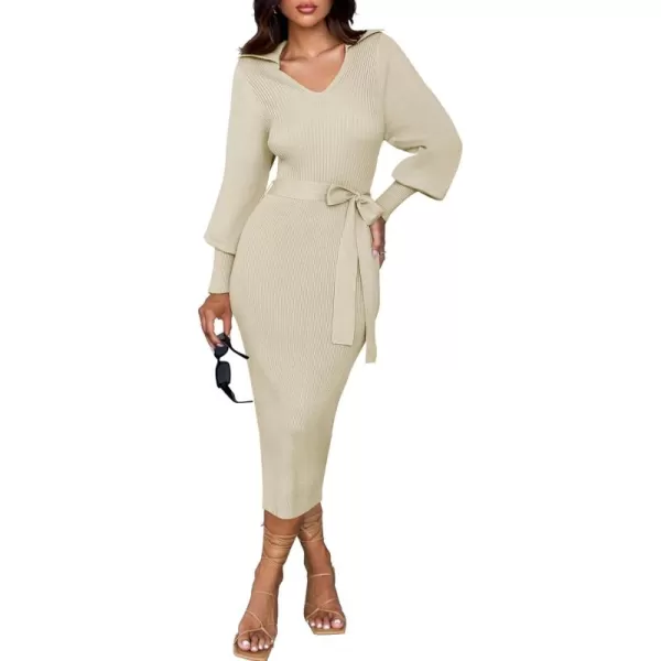 imageZESICA Womens Fall Winter Sweater Dress Long Sleeve Lapel V Neck Ribbed Knit Slim Fit Bodycon Midi Dresses with BeltAlmond