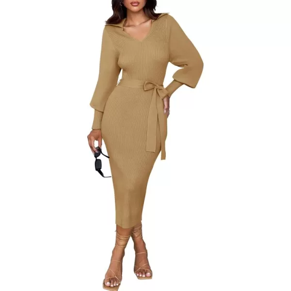 imageZESICA Womens Fall Winter Sweater Dress Long Sleeve Lapel V Neck Ribbed Knit Slim Fit Bodycon Midi Dresses with BeltCamel