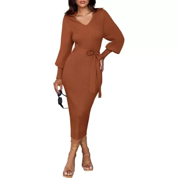 imageZESICA Womens Fall Winter Sweater Dress Long Sleeve Lapel V Neck Ribbed Knit Slim Fit Bodycon Midi Dresses with BeltRust