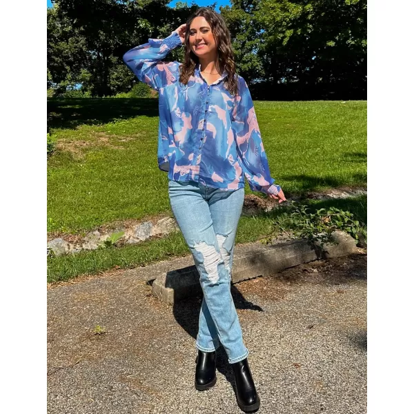 ZESICA Womens Floral Print Blouse 2024 Long Sleeve Button Down Casual Fall Boho Oversized Tops ShirtsBlock Blue