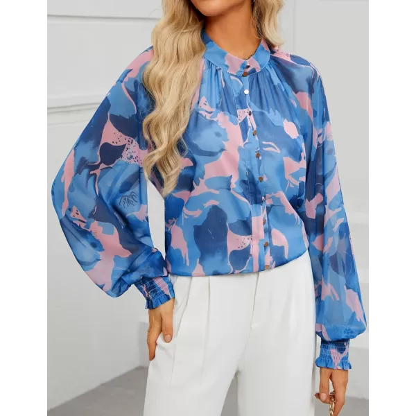 ZESICA Womens Floral Print Blouse 2024 Long Sleeve Button Down Casual Fall Boho Oversized Tops ShirtsBlock Blue