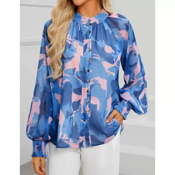 ZESICA Womens Floral Print Blouse 2024 Long Sleeve Button Down Casual Fall Boho Oversized Tops ShirtsBlock Blue