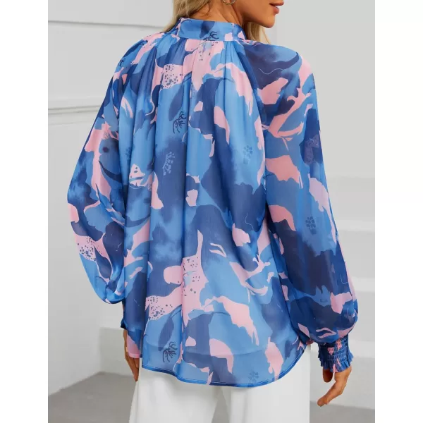 ZESICA Womens Floral Print Blouse 2024 Long Sleeve Button Down Casual Fall Boho Oversized Tops ShirtsBlock Blue