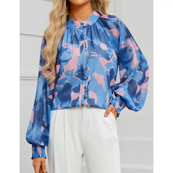 ZESICA Womens Floral Print Blouse 2024 Long Sleeve Button Down Casual Fall Boho Oversized Tops ShirtsBlock Blue