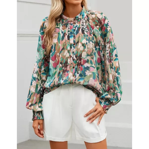 ZESICA Womens Floral Print Blouse 2024 Long Sleeve Button Down Casual Fall Boho Oversized Tops ShirtsPink Green