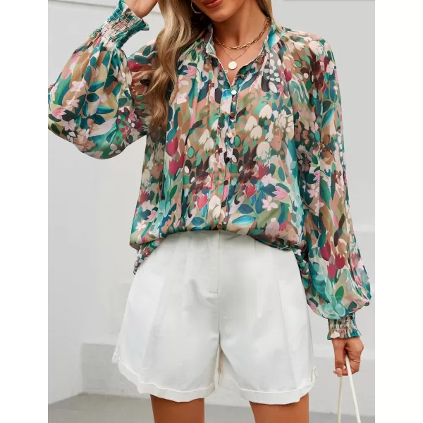 ZESICA Womens Floral Print Blouse 2024 Long Sleeve Button Down Casual Fall Boho Oversized Tops ShirtsPink Green