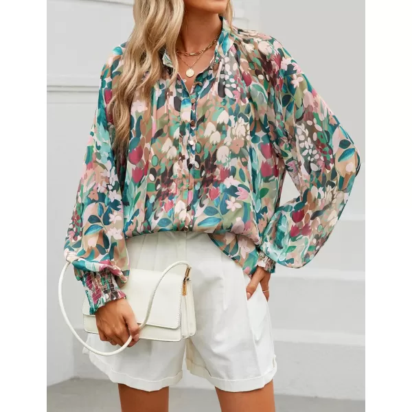 ZESICA Womens Floral Print Blouse 2024 Long Sleeve Button Down Casual Fall Boho Oversized Tops ShirtsPink Green