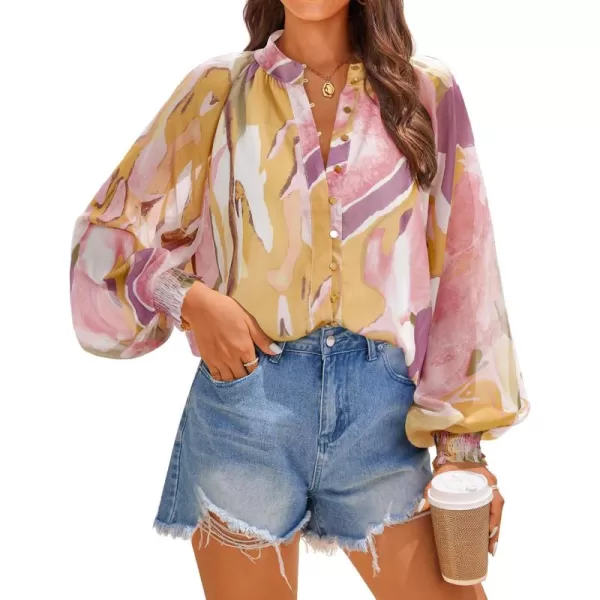 ZESICA Womens Floral Print Blouse 2024 Long Sleeve Button Down Casual Fall Boho Oversized Tops ShirtsPink