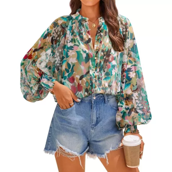 ZESICA Womens Floral Print Blouse 2024 Long Sleeve Button Down Casual Fall Boho Oversized Tops ShirtsPink Green