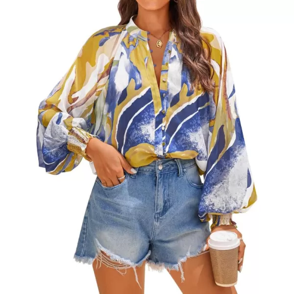 ZESICA Womens Floral Print Blouse 2024 Long Sleeve Button Down Casual Fall Boho Oversized Tops ShirtsTurquoise
