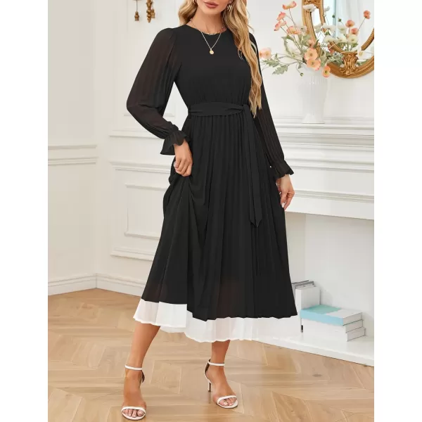 imageZESICA Womens 2024 Fall Long Sleeve Chiffon Dress Casual Crew Neck Pleated A Line Flowy Midi Dresses with BeltBlack