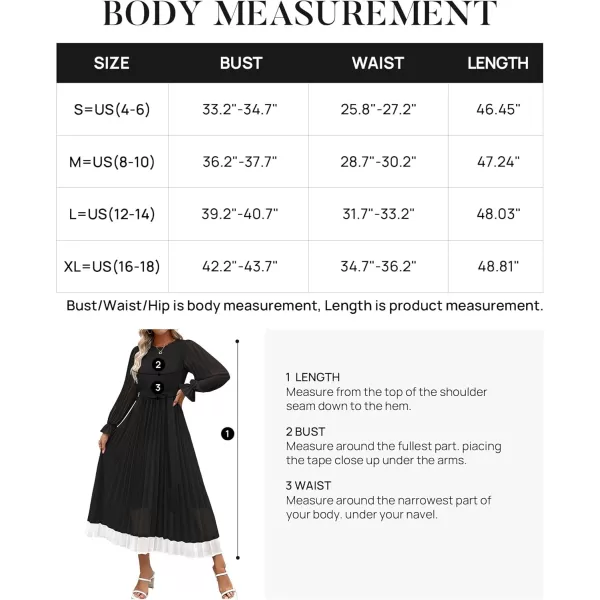 imageZESICA Womens 2024 Fall Long Sleeve Chiffon Dress Casual Crew Neck Pleated A Line Flowy Midi Dresses with BeltBlack