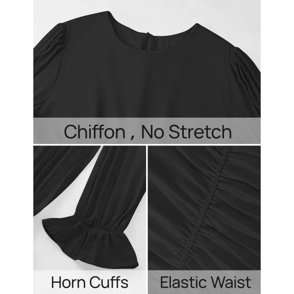 imageZESICA Womens 2024 Fall Long Sleeve Chiffon Dress Casual Crew Neck Pleated A Line Flowy Midi Dresses with BeltBlack