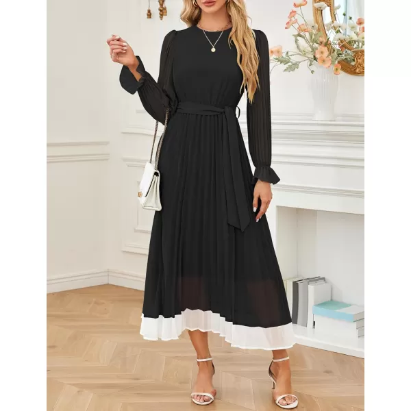 imageZESICA Womens 2024 Fall Long Sleeve Chiffon Dress Casual Crew Neck Pleated A Line Flowy Midi Dresses with BeltBlack