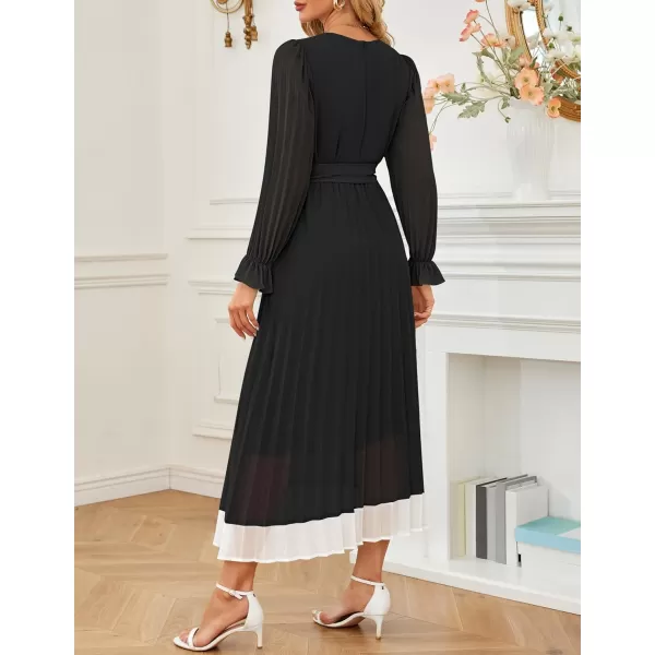 imageZESICA Womens 2024 Fall Long Sleeve Chiffon Dress Casual Crew Neck Pleated A Line Flowy Midi Dresses with BeltBlack