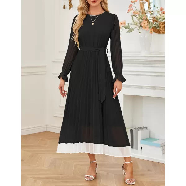 imageZESICA Womens 2024 Fall Long Sleeve Chiffon Dress Casual Crew Neck Pleated A Line Flowy Midi Dresses with BeltBlack