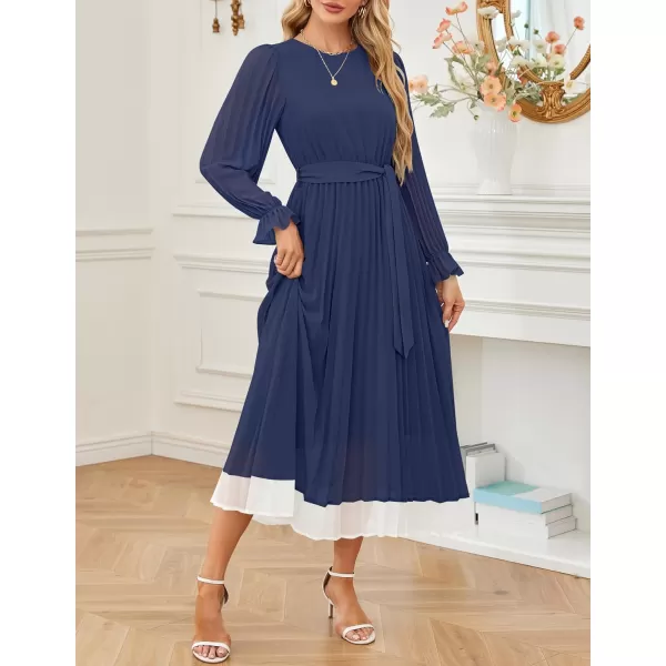 imageZESICA Womens 2024 Fall Long Sleeve Chiffon Dress Casual Crew Neck Pleated A Line Flowy Midi Dresses with BeltDark Blue