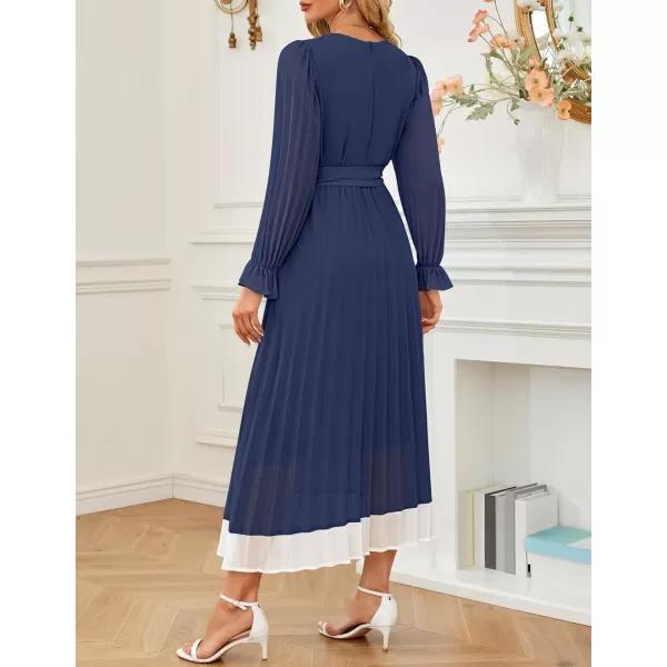 imageZESICA Womens 2024 Fall Long Sleeve Chiffon Dress Casual Crew Neck Pleated A Line Flowy Midi Dresses with BeltDark Blue